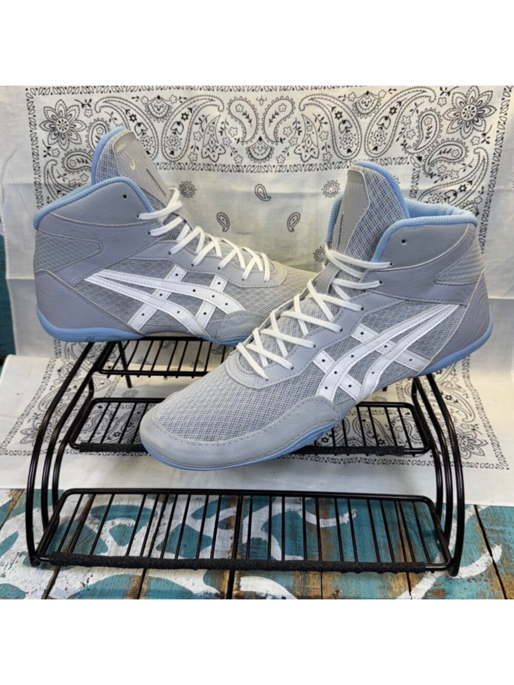 Rare Asics Matflex 7 Wrestling/MMA Shoe Mens 12 Grey/Baby Blue High Top 1081A051